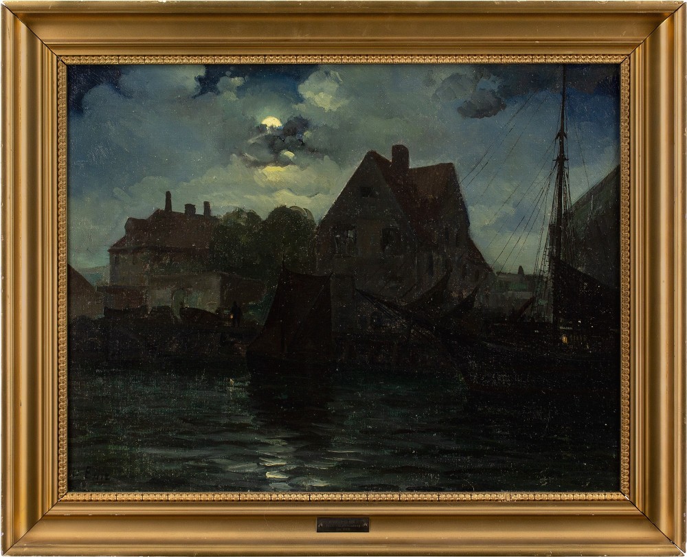 Willy Bille, Nocturne With Harbour & Moored Vessels - Antique Oil Painting 
