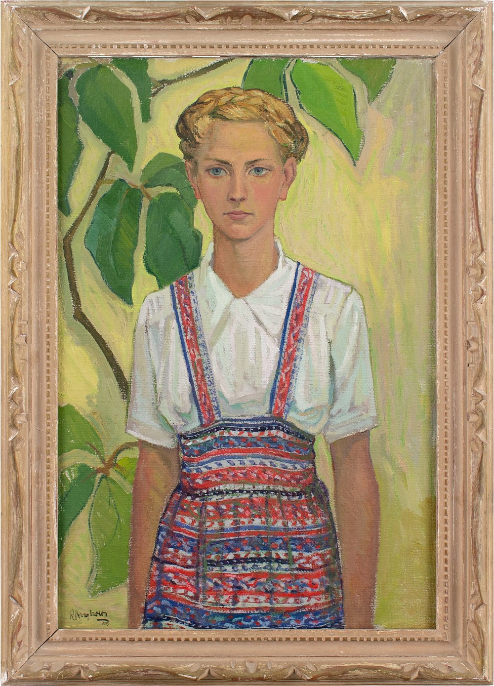 20th-Century Swedish School, Girl With Plant - Vintage Oil Painting 