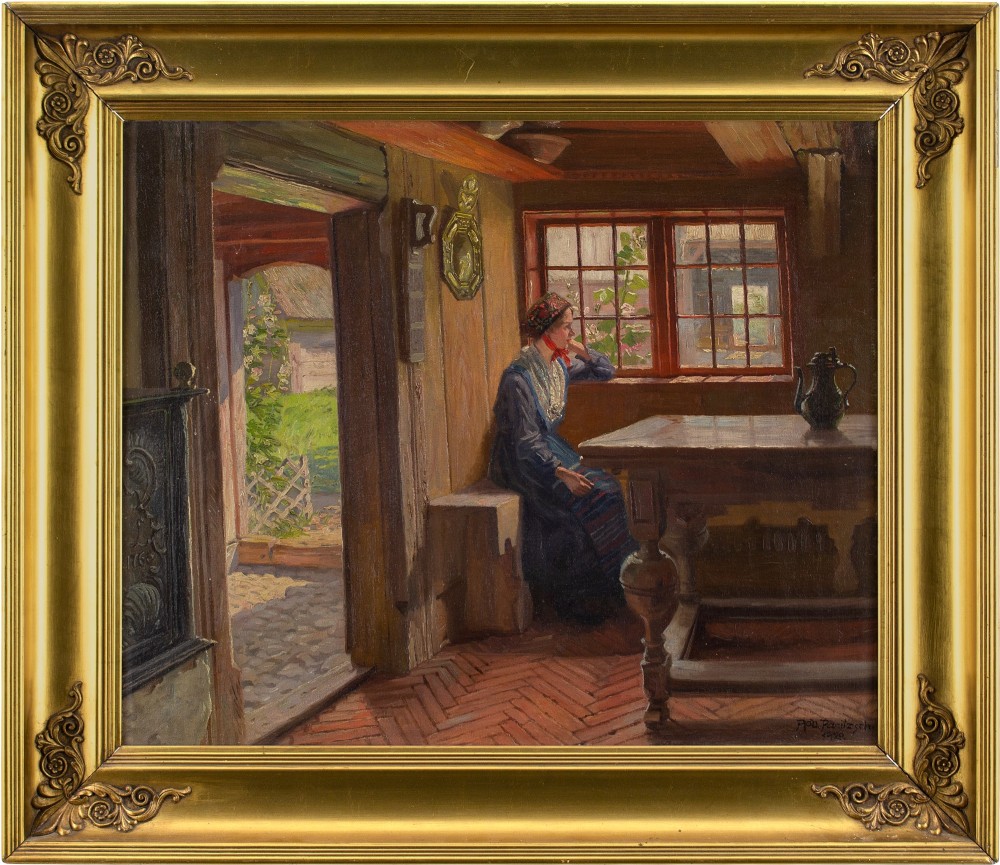 Robert Panitzsch, Interior Scene With Young Woman By A Window - Antique Oil Painting 