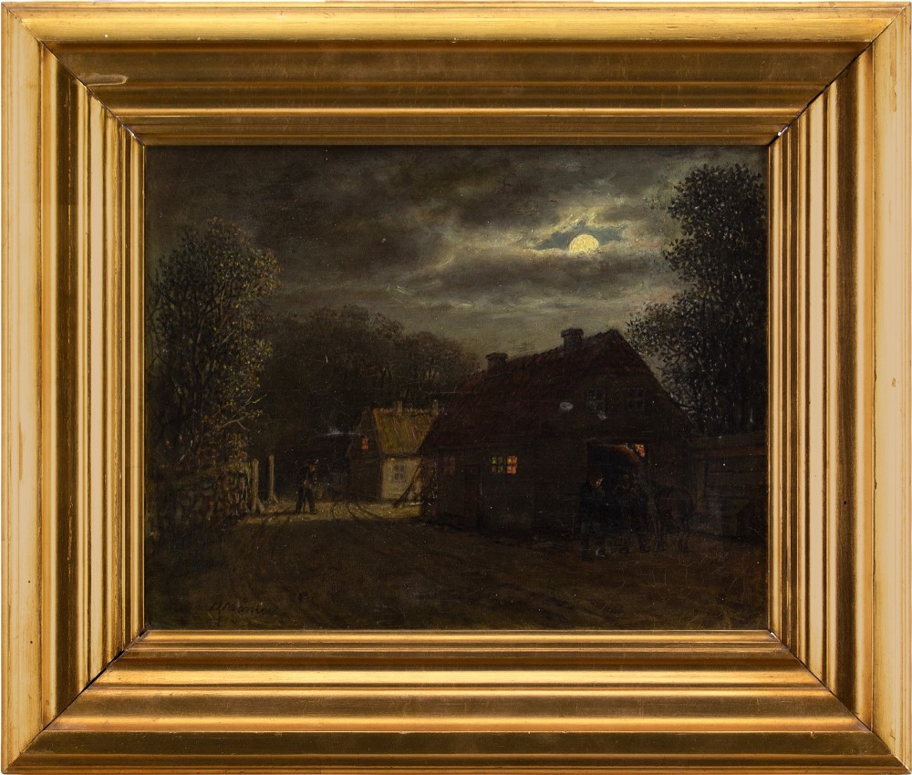 David Monies, Nocturne With Cottages - Antique Oil Painting 
