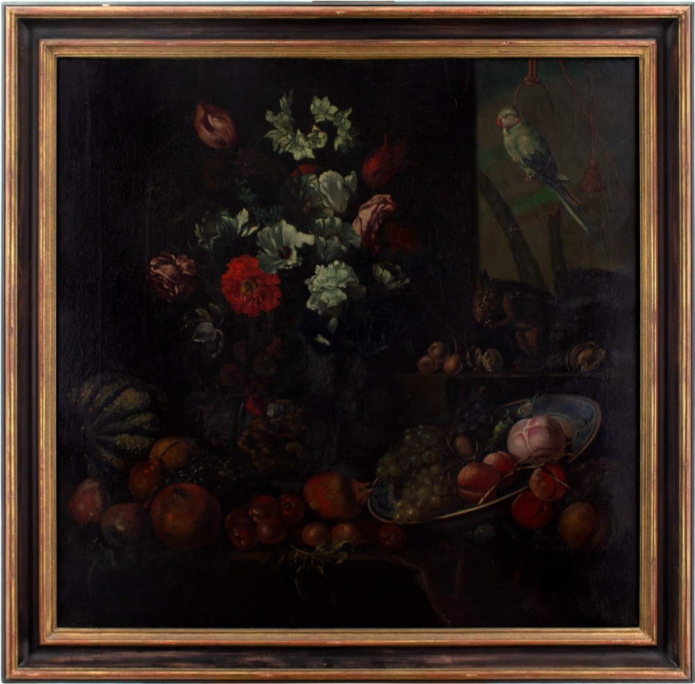 19th-Century Dutch School Still Life With Flowers, Fruit & Parrot - Antique Oil Painting 