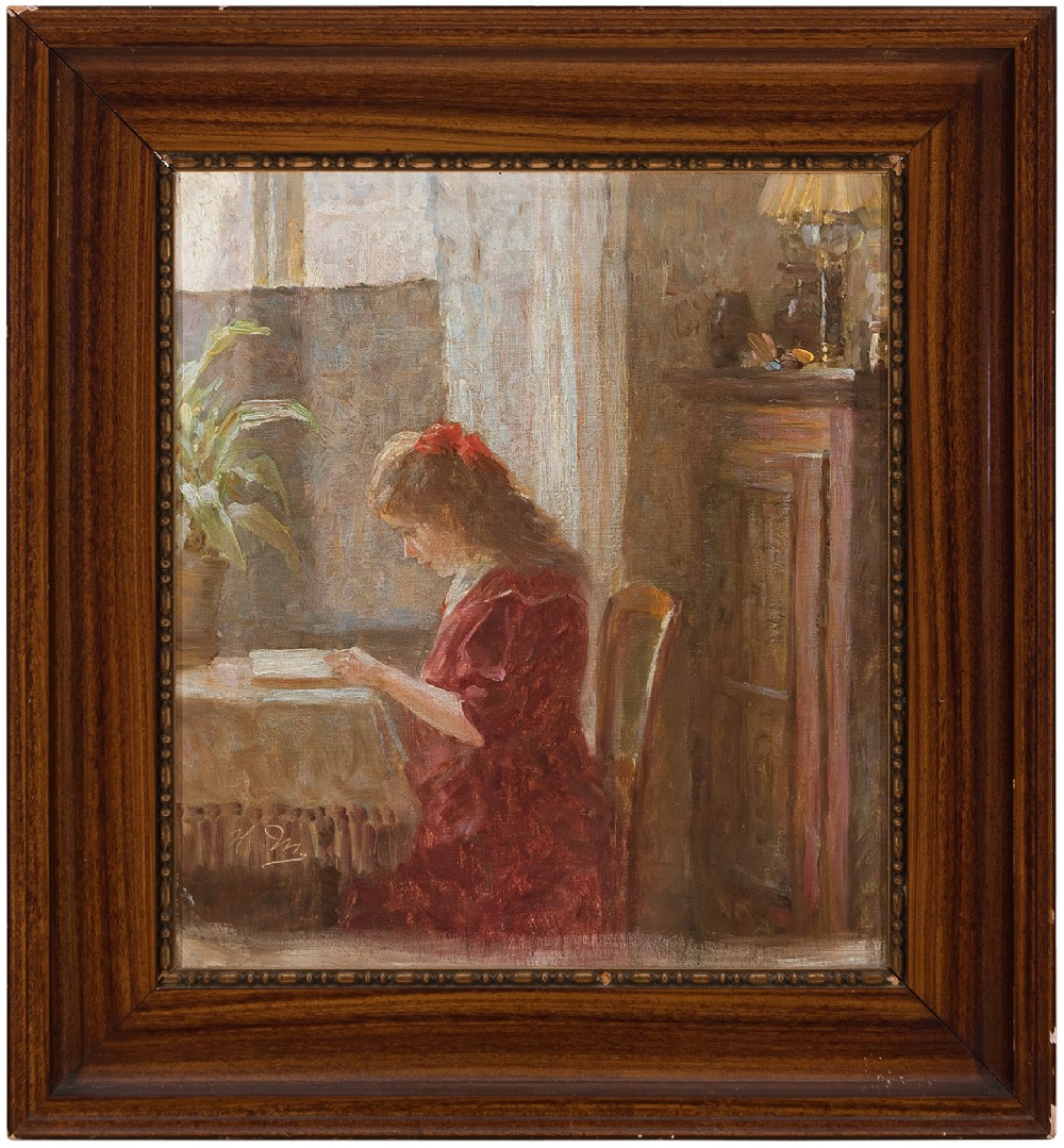Early 20th-Century Danish School, Interior Scene With Girl Reading - Antique Oil Painting 