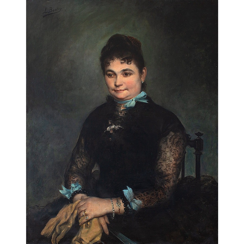 Edgar Boutry, Portrait Of A Lady With Blue Ribbons, Antique Portrait