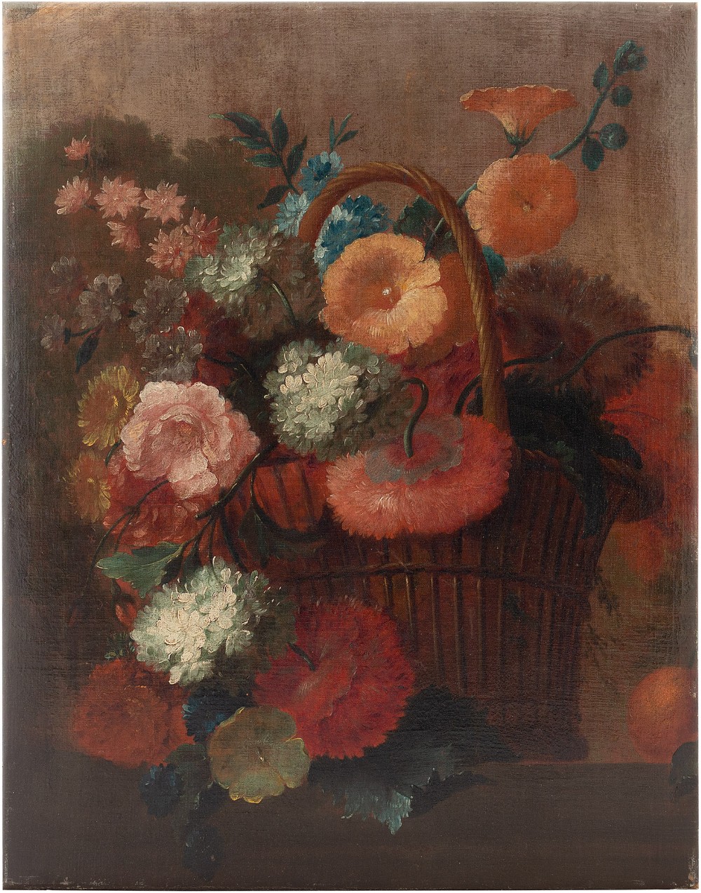 German School Still Life With Flowers & Basket - Antique Oil Painting 