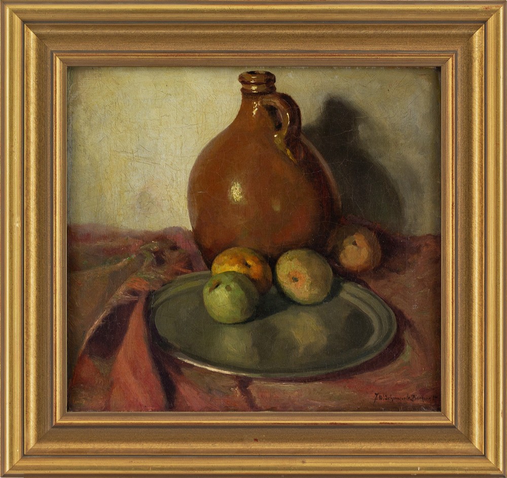 J W Schonnevelt Buchner, Still Life With Jug & Apples - Antique Oil Painting 