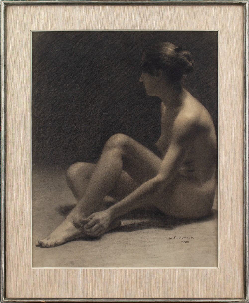 L Ducourant, Nude, Academic Study - Antique Charcoal Drawing 