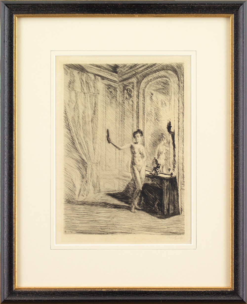 Otto Goetze, Interior With Standing Nude & Mirror - Antique Etching 