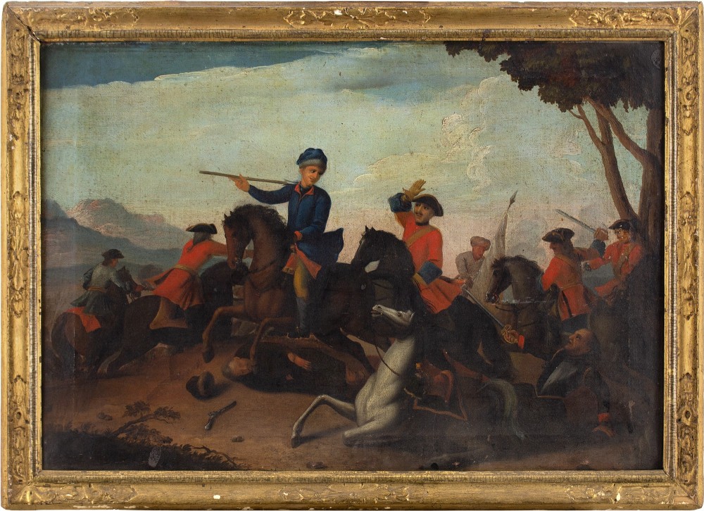 18th-Century Provincial German School Cavalry Battle - Antique Oil Painting 