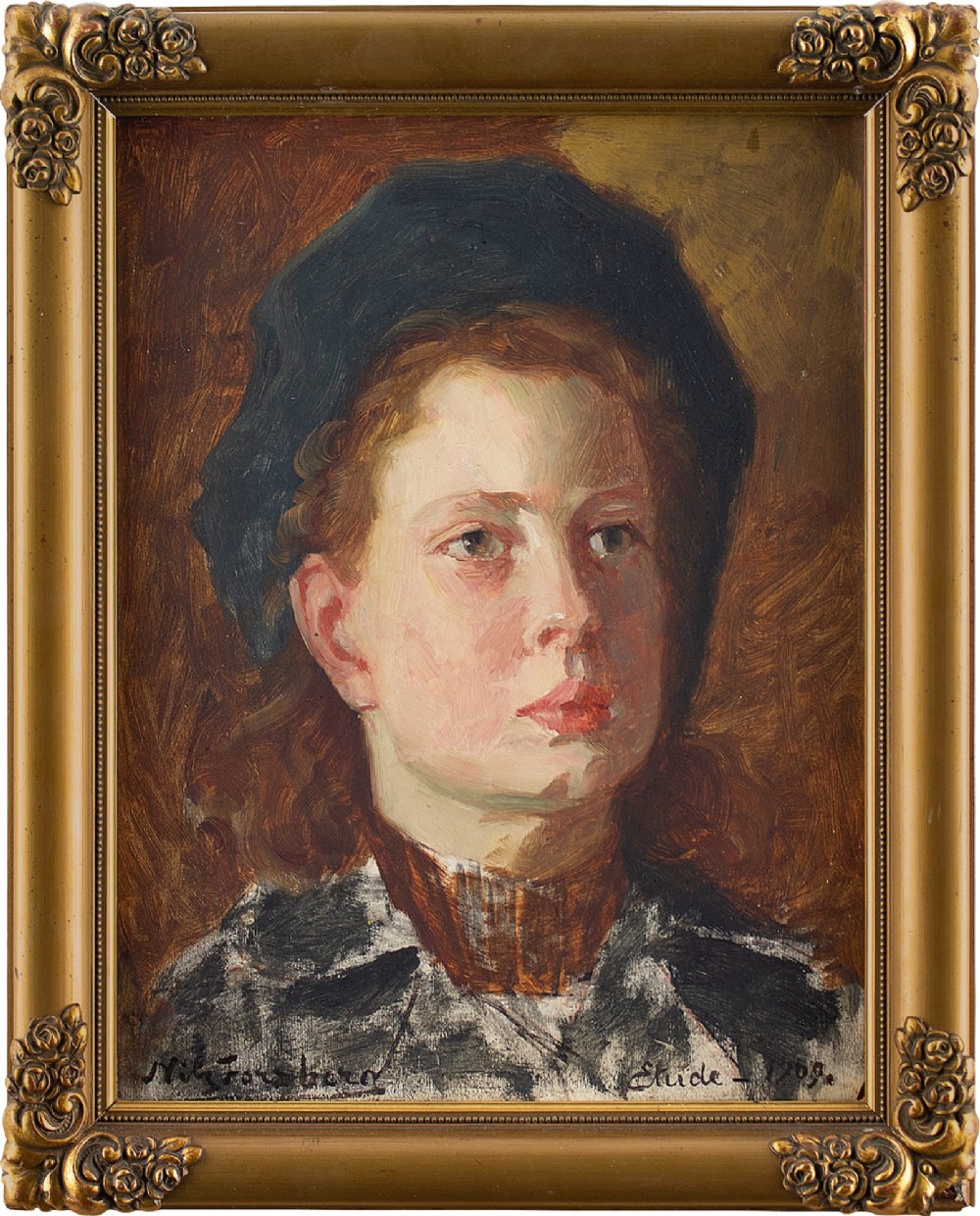Nils Forsberg, Portrait Study Of A Girl - Antique Oil Painting 