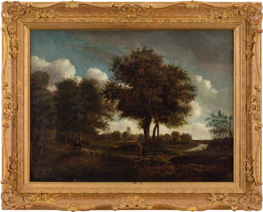 Early 19th-Century Dutch School, Landscape With Travelling Family & Windmill - Antique Oil Painting 