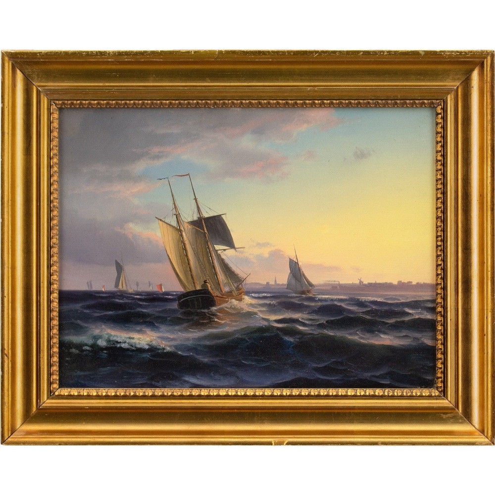 19th-Century Danish School Seascape With Fishing Boats & Town Beyond - Antique Oil Painting