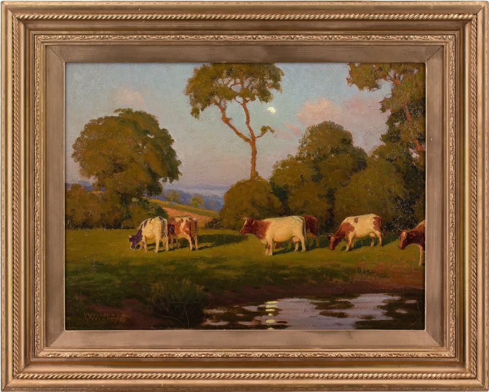 Nelson Wright, Pastoral Scene With Shimmering Pond - Antique Oil Painting 