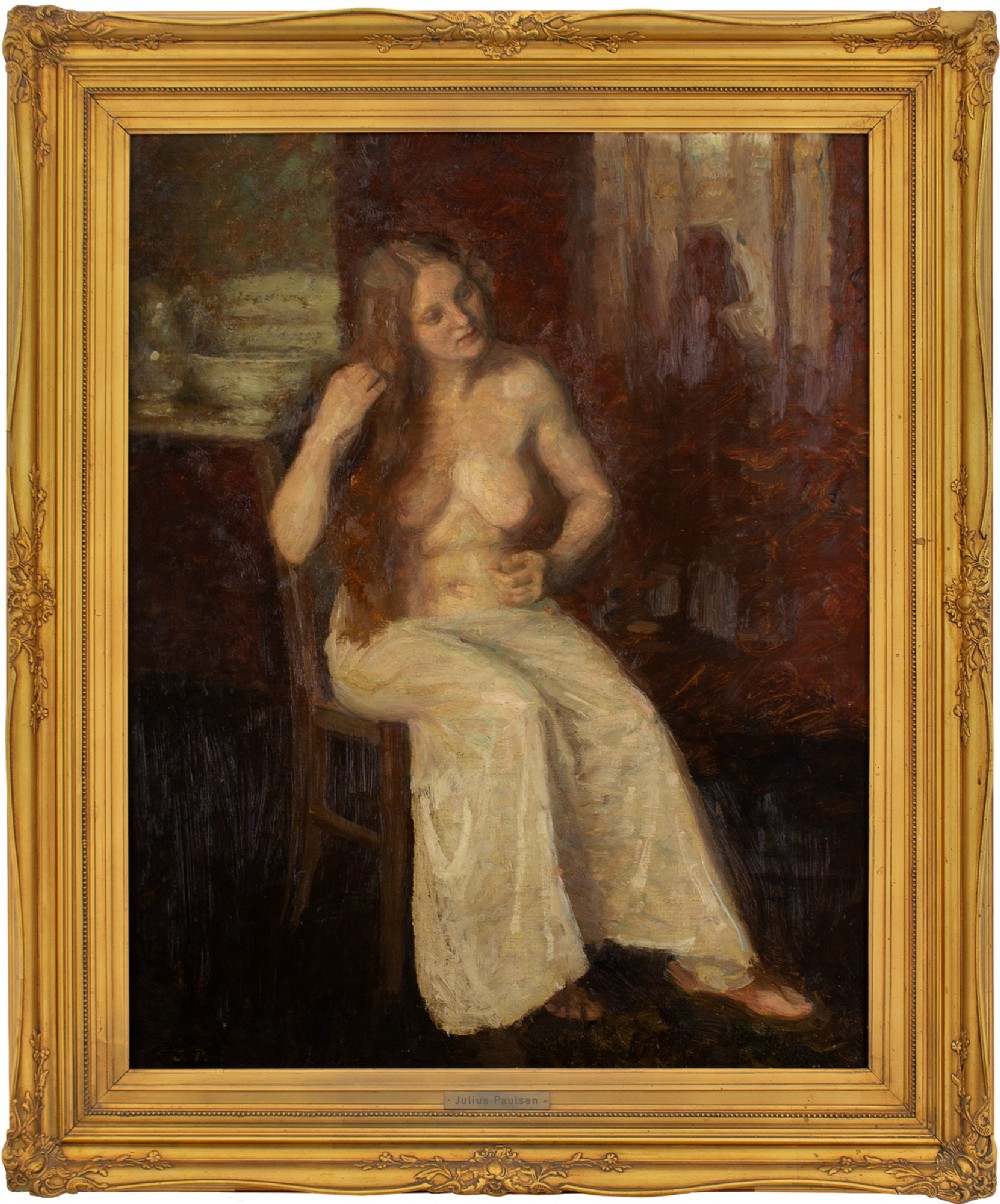 Julius Paulsen, At Bedtime -  Large Antique Oil Painting 