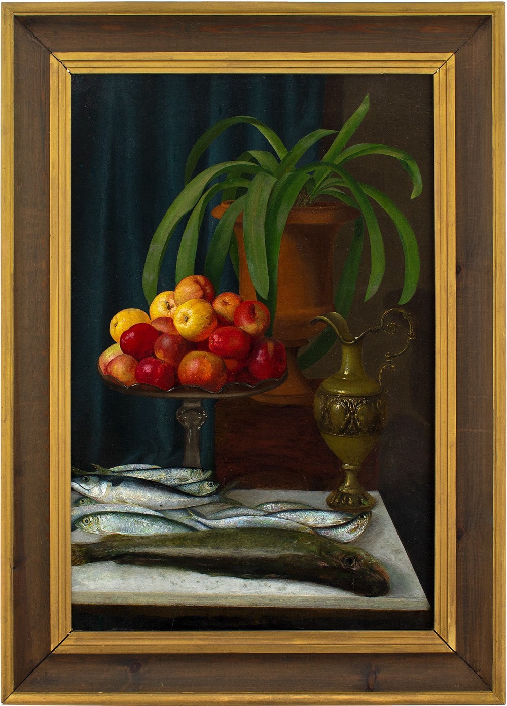 Helene Krebs, Still Life With Apples & Fish - Large Antique Oil Painting 