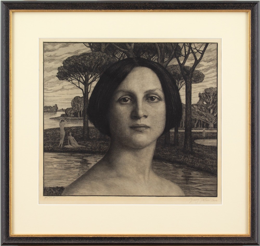 Georg Jahn, Portrait Of A Woman In A Mystical Garden - Antique Etching 