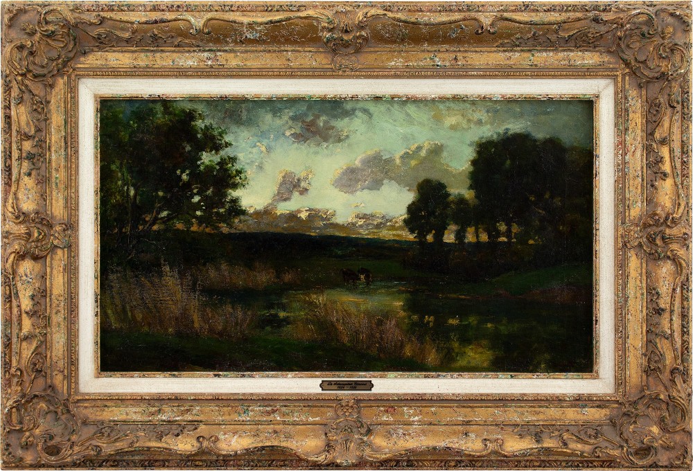 Edmond De Schampheleer, River Landscape With Cattle - Antique Oil Painting 