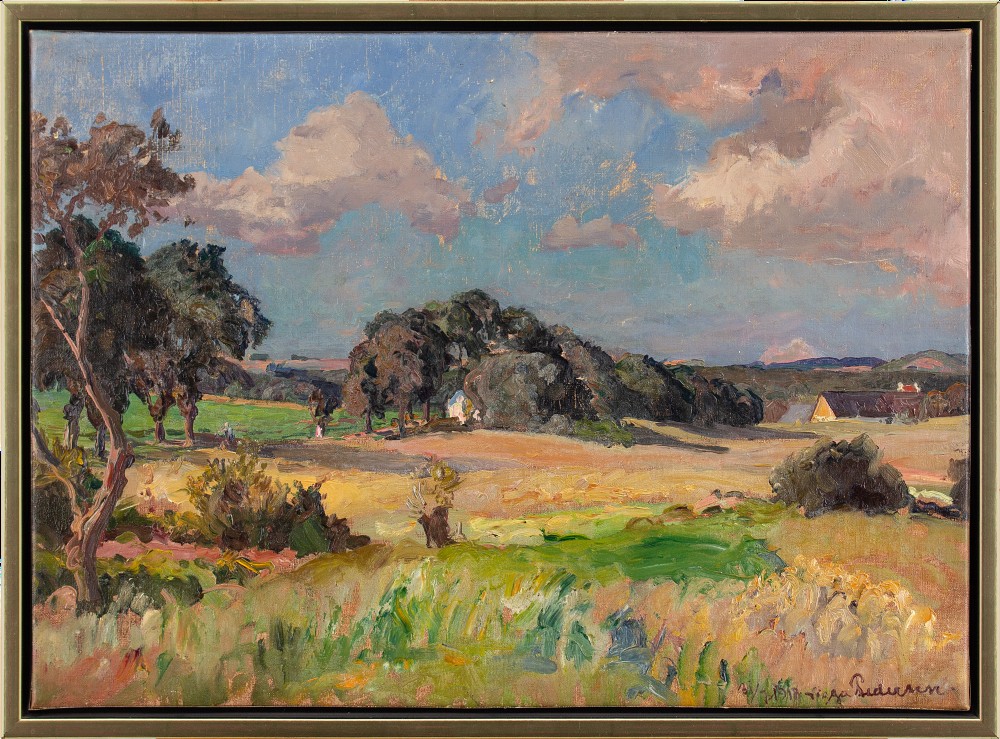 Viggo Pedersen, Zealand Landscape With Cottages - Antique Oil Painting 