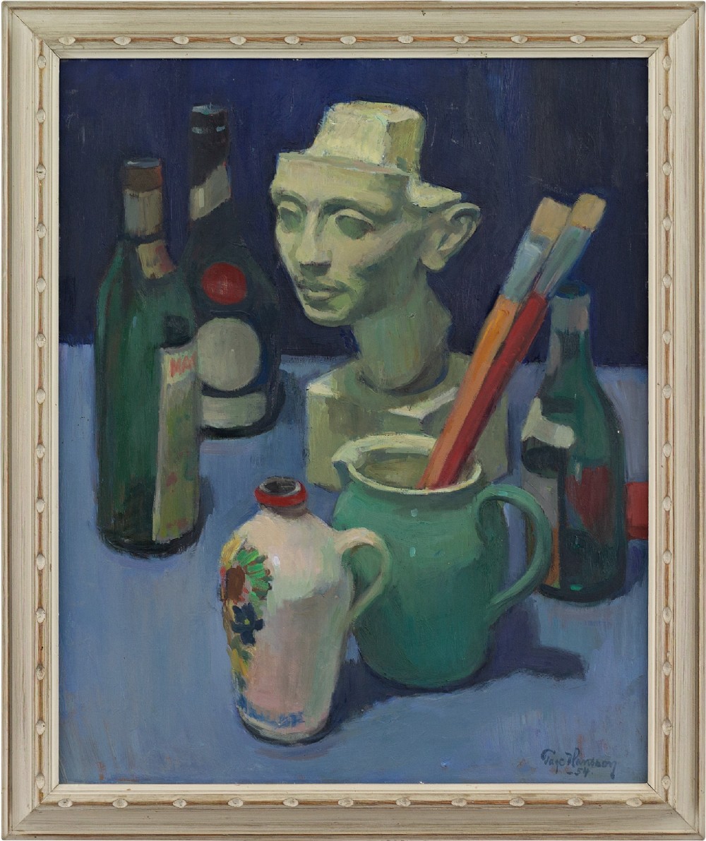 Tage Hansson, Still Life With Paint Brushes, Sculpture & Bottles - Vintage Oil Painting 