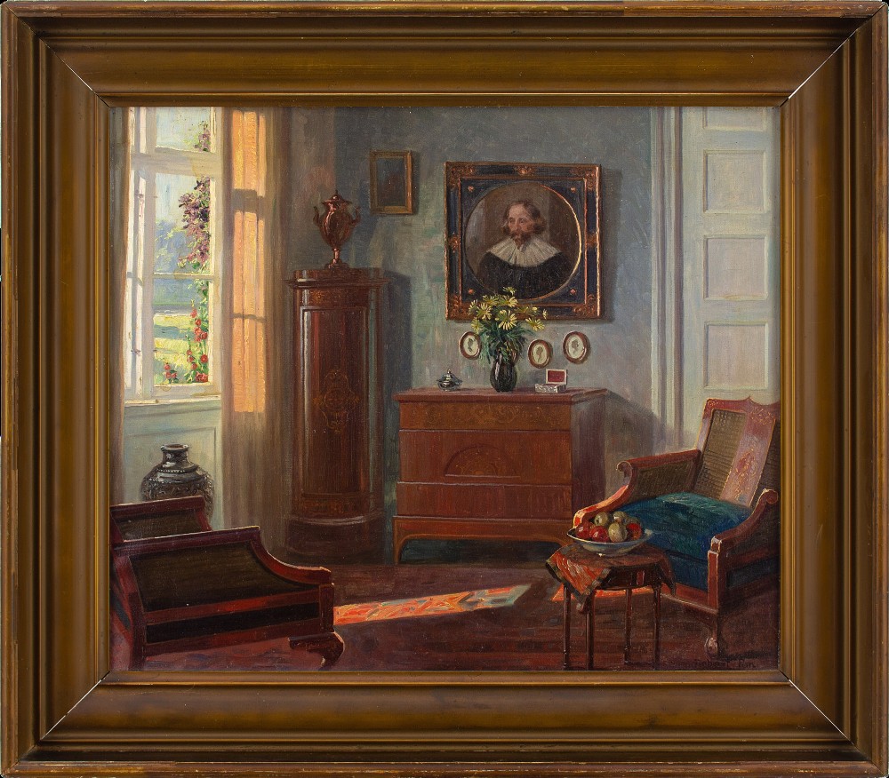 Robert Panitzsch, Interior With Old Master Portrait - Vintage Oil Painting 