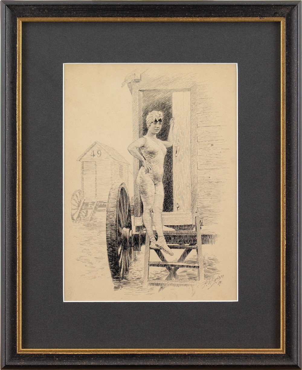 Richard Wintzer, A Young Woman & Bathing Machine - Pen and Ink Drawing