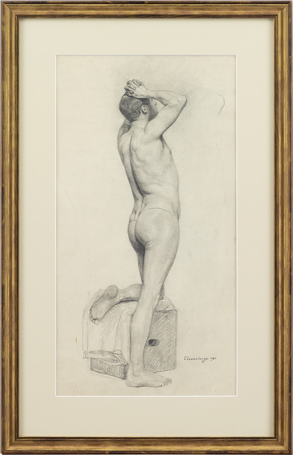 Christian Landenberger, Nude Study Of A Man - Antique Drawing 