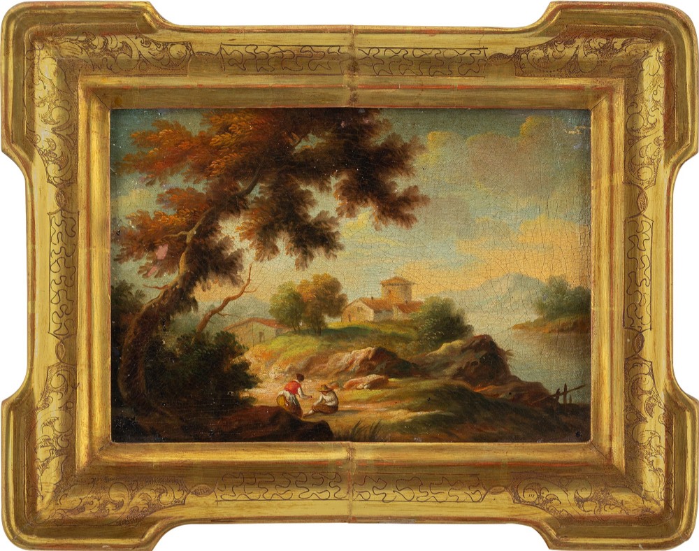 18th-Century Italian School Landscape With Figures - Antique Oil Painting 