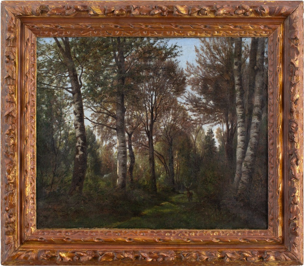 Eugène Devé, Forest View With Deer - Antique Oil Painting 