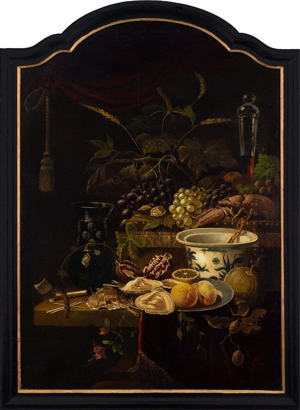 19th-Century Dutch School, Still Life With Fruit, Oysters & Lobster - Antique Oil Painting 