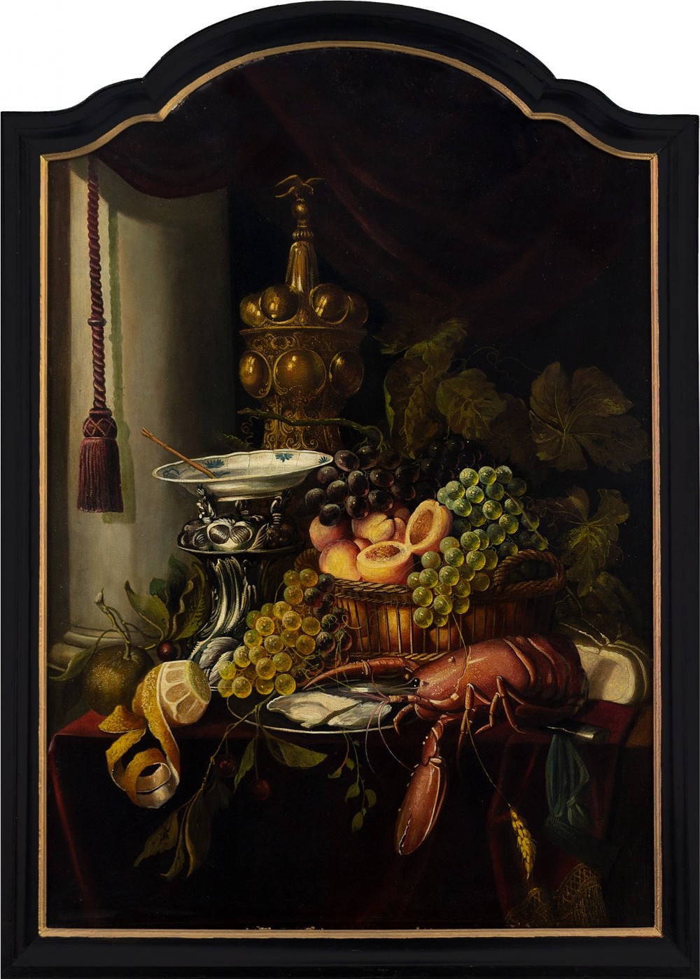 19th-Century Dutch School, Still Life With Fruit, Oysters & Lobster - Antique Oil Painting 