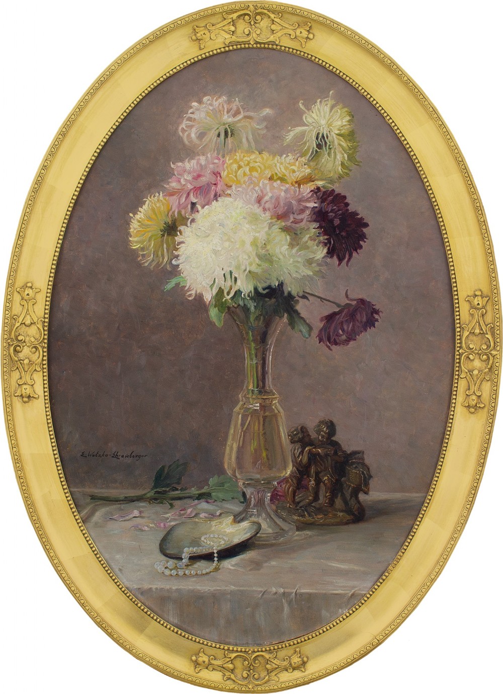 Ella Wetzko-Ehrenberger, Still Life With Chrysanthemums - Vintage Oil Painting 
