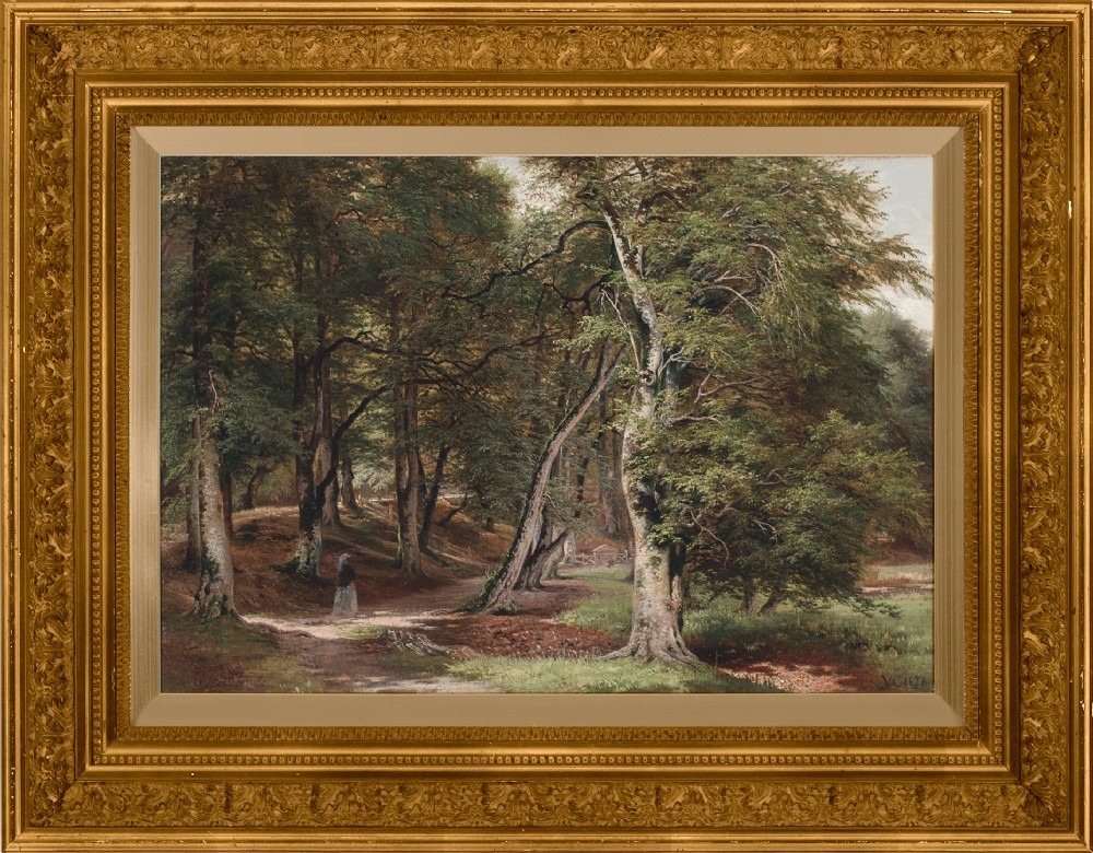19th-Century Danish School, Woman Walking Through A Forest - Antique Oil Painting 