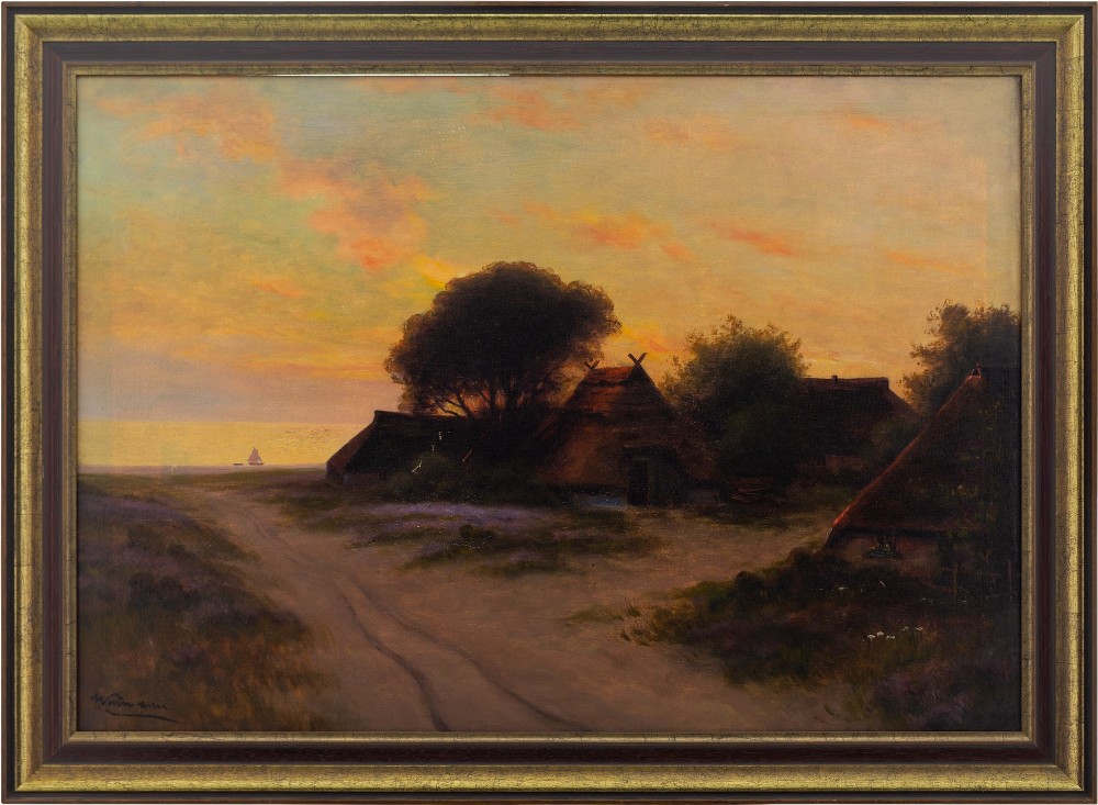 German School, Coastal Landscape With Beach & Sunset - Vintage Oil Painting 