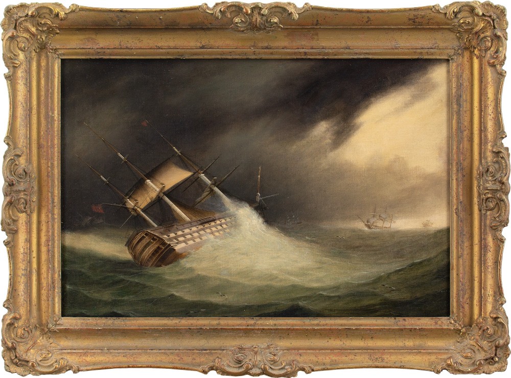 19th-Century English School, HMS Hibernia In Choppy Waters Off Cape Finisterre - Antique Oil Painting 