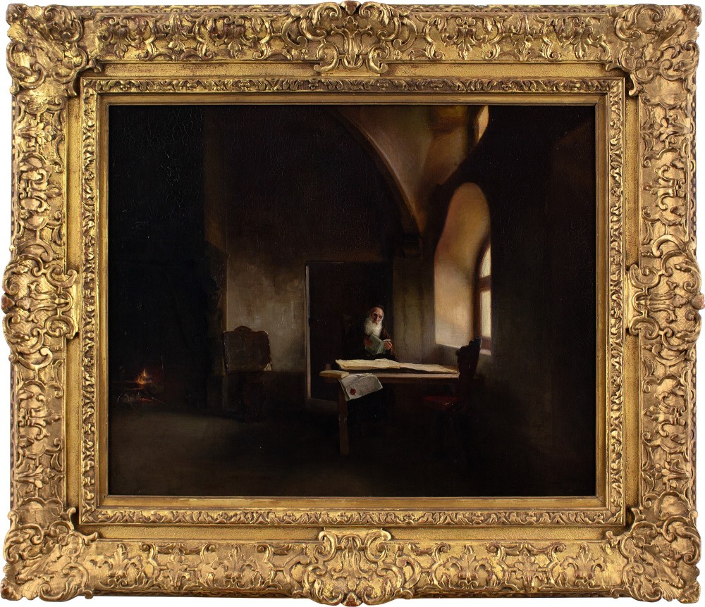 19th-Century French School, Church Interior With Capuchin Friar - Antique Oil Painting 
