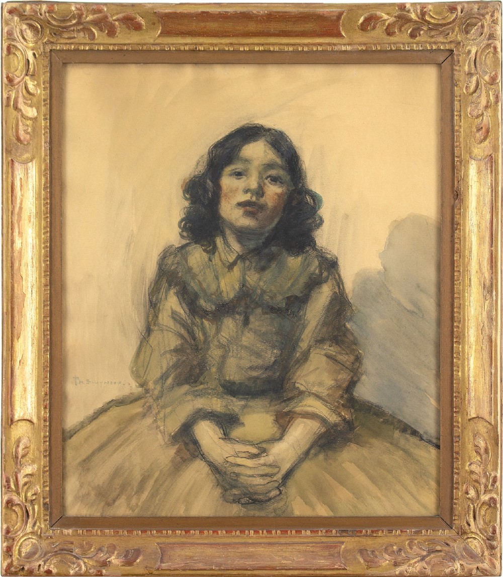 Philippe Swyncop, Portrait Of A Girl - Antique Gouache and Ink On Paper