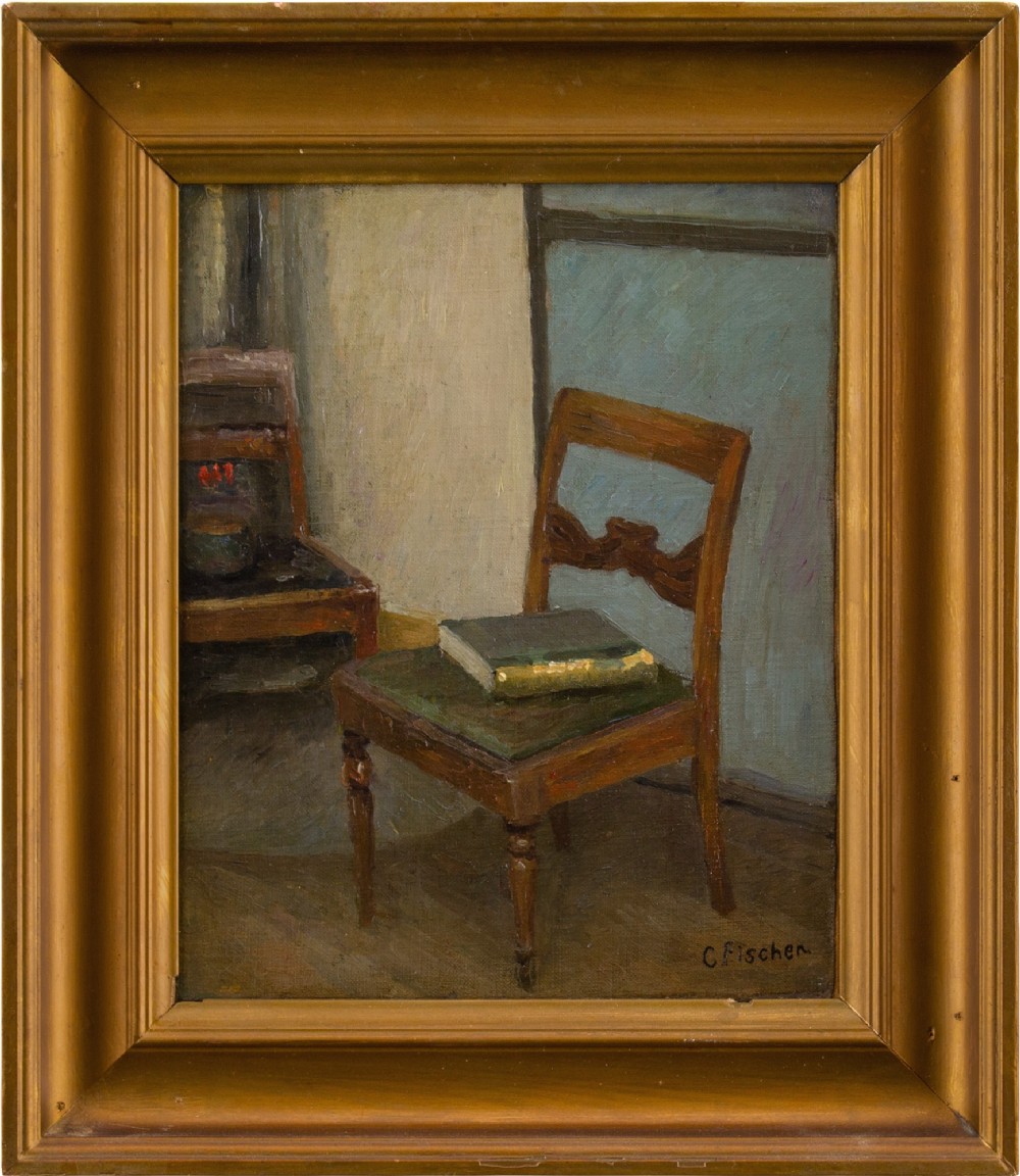 Carl Fischer, Interior With Chairs & Book - Vintage Oil Painting 