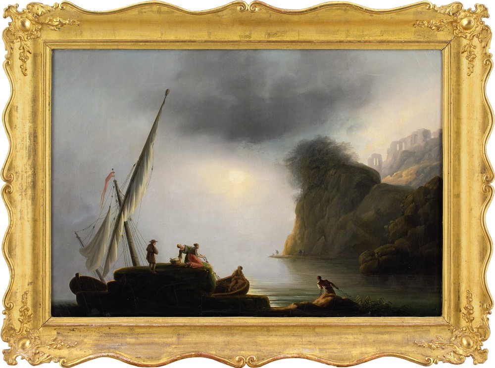 Claude Joseph Vernet (Follower), Italianate Port Scene With Fishermen - Antique Oil Painting 