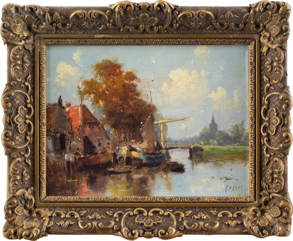 Early 20th-Century Dutch School, Canal View With Cottage - Vintage Oil Painting 