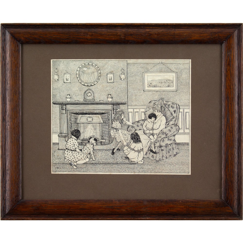 Phyllis Mary Antrobus, Lounge Interior With Family - Antique Drawing