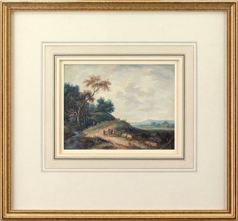 John Inigo Richards RA (Attributed), Landscape With Country Track, Figures, Cottages & Far-Reaching View - Antique Watercolour