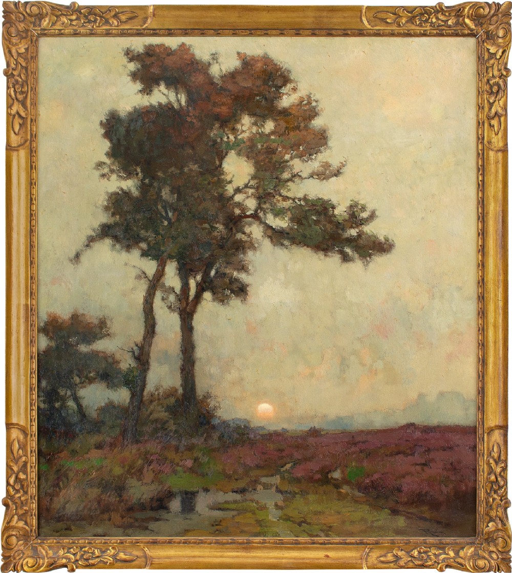 Louis Albert Roessingh, Heath Landscape At Twilight - Antique Oil Painting 
