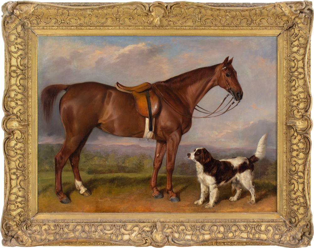 John Ferneley Snr (Circle), Study Of A Chestnut Hunter & Spaniel In A Landscape - Antique Oil Panting 