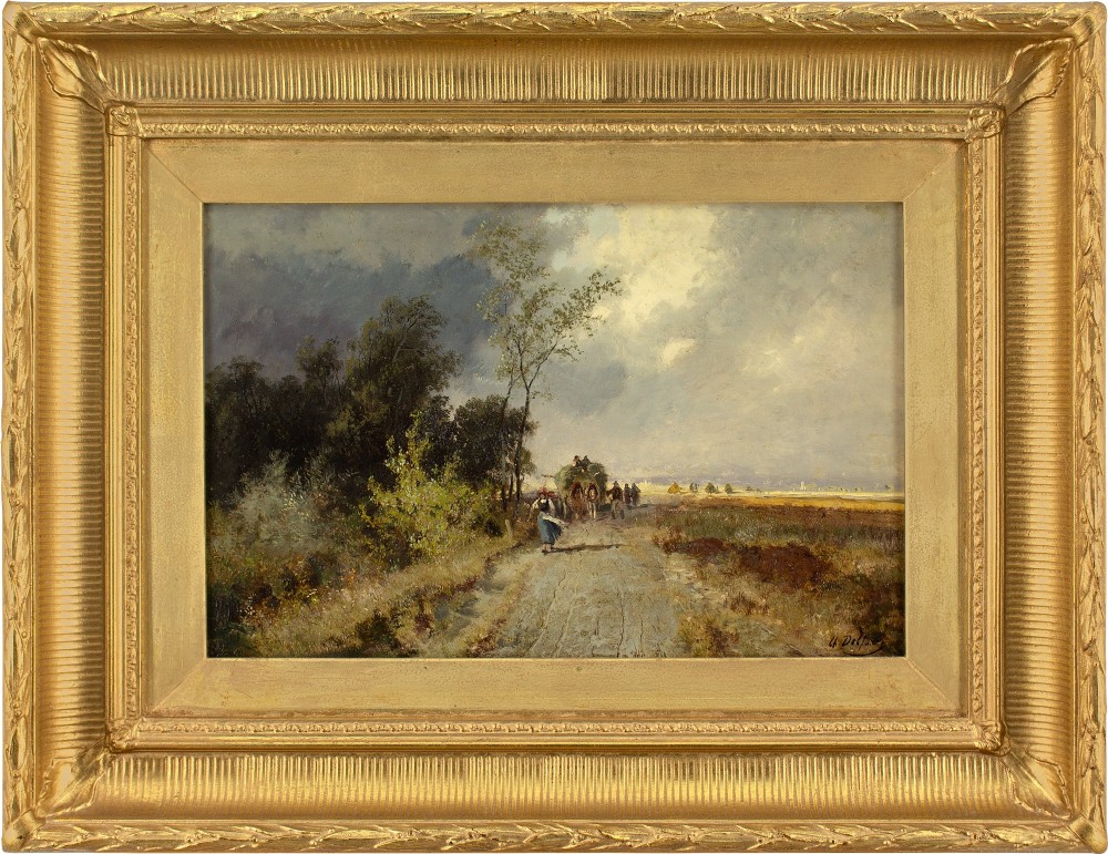 Charles Delfont, Landscape With Haycart & Track - Antique Oil Painting 