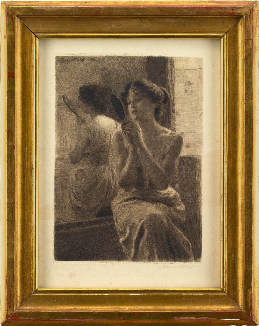 Emil Rosenstand, Young Women With Mirror - Antique Etching 