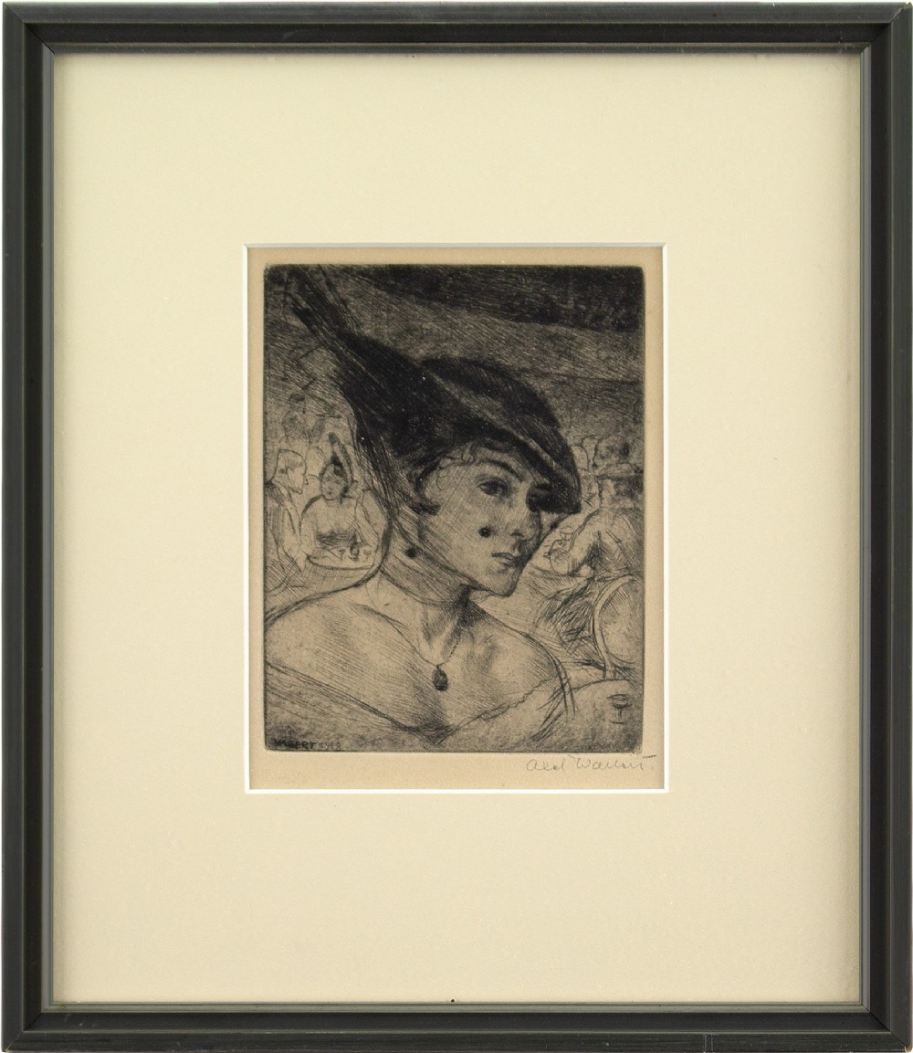 Axel Wallert - Fashionable Lady With Feathered Hat - Antique Etching 