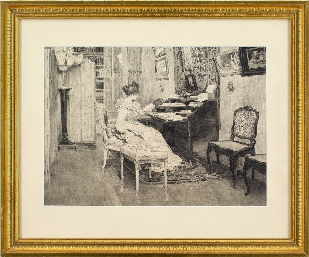 Late 19th-Century British School, Interior Scene With Woman Reading - Gravure on silk