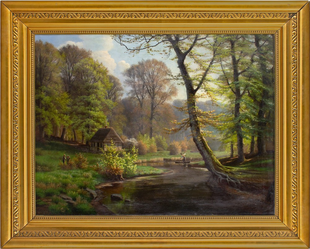 Eiler Rasmussen Eilersen, Romantic Forest Landscape With Cottage - Antique Oil Painting 