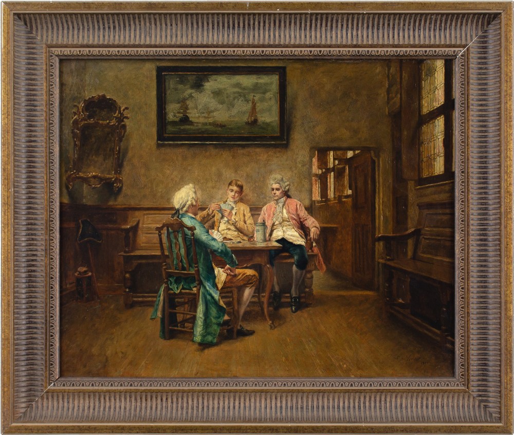 Piet Verhaert, The Card Players - Antique Oil Painting 