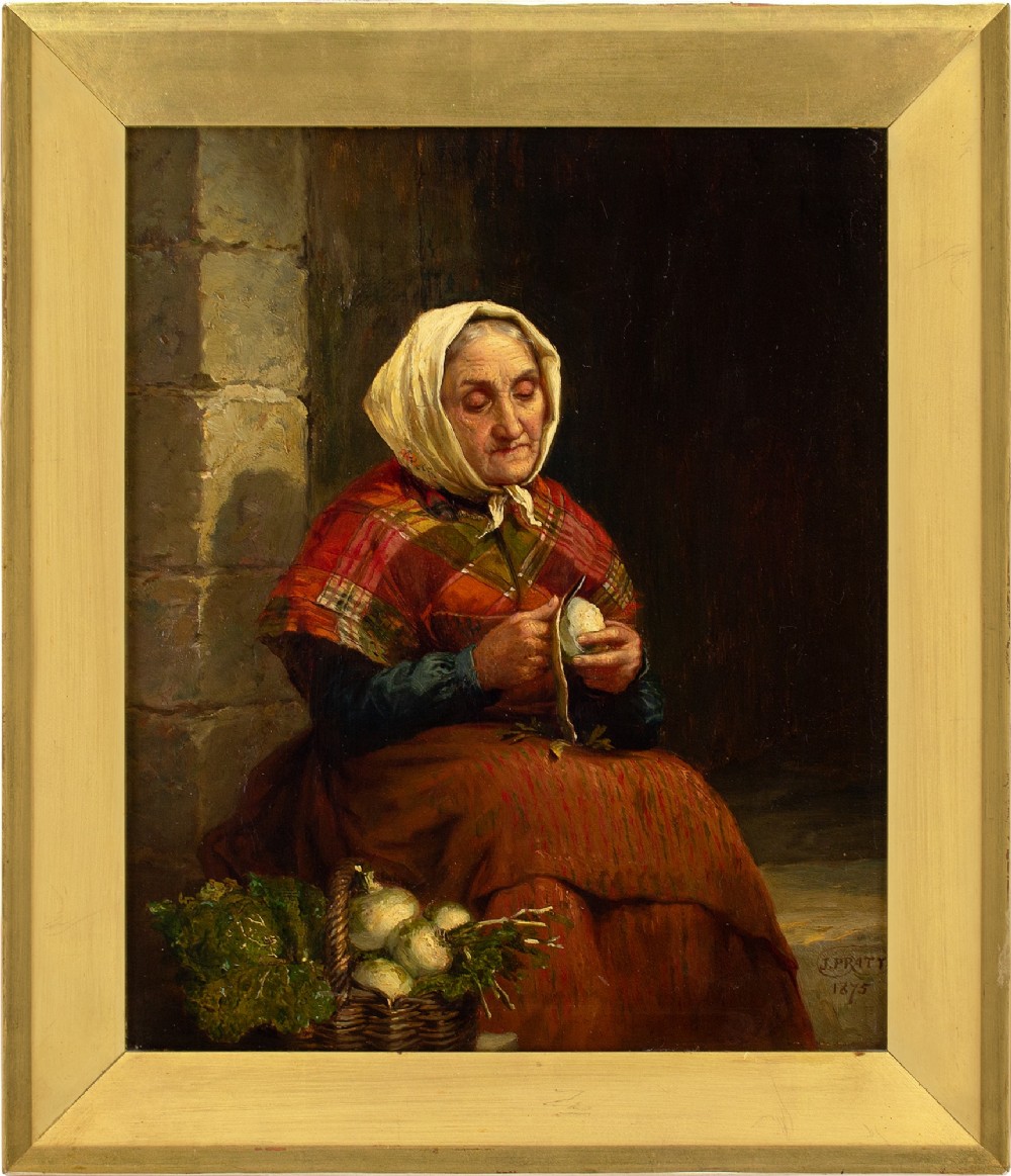 Jonathan Pratt, Peeling Turnips - Antique Oil Painting 