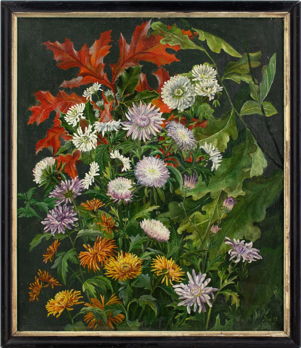 Late 19th-Century Danish School, Still Life With Chrysanthemums - Antique Oil Painting 